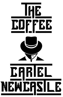 Logo for 'The Coffee Cartel Newcastle' with a stylized figure wearing a hat on a white background.